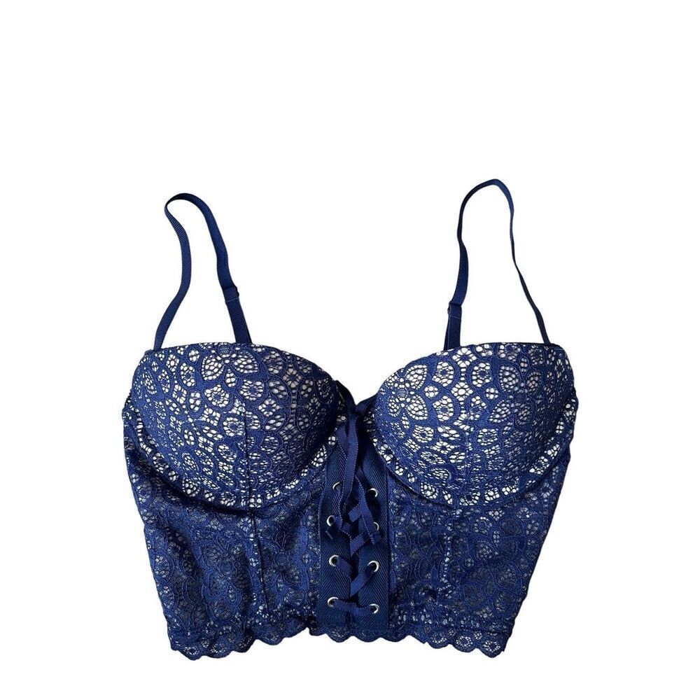 Victoria’s Secret Lace Zip Back Corset Dark Blue Bra 34C